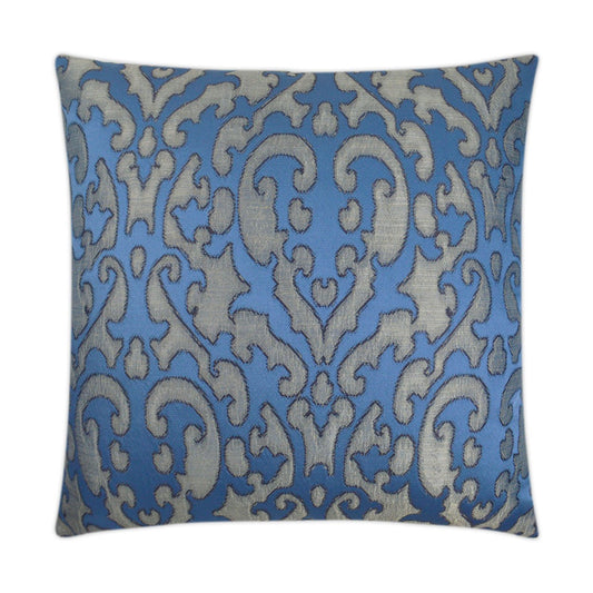 Luxury Pillow - 24” x 24” - Bokhara Bluestone; Bright silky blue fabric over a shiny silver/gray background