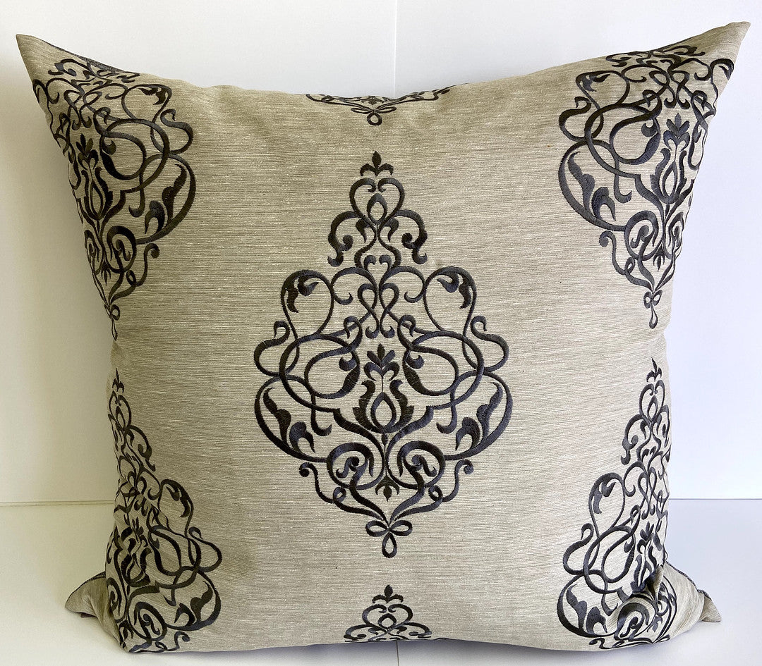 REDUCED TO CLEAR  Luxury Pillow -  24" x 24" - Angelique; Pewter embroidery on a sand base cloth