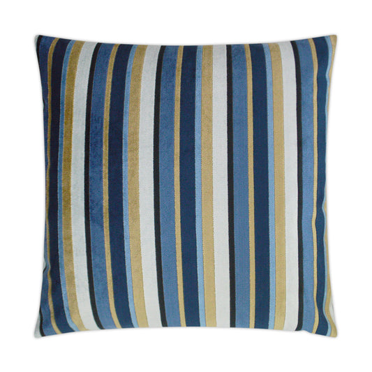 Luxury Pillow - 24” x 24” Conan Harbor - Velvet fabric of blues, gold and white in a striped pattern