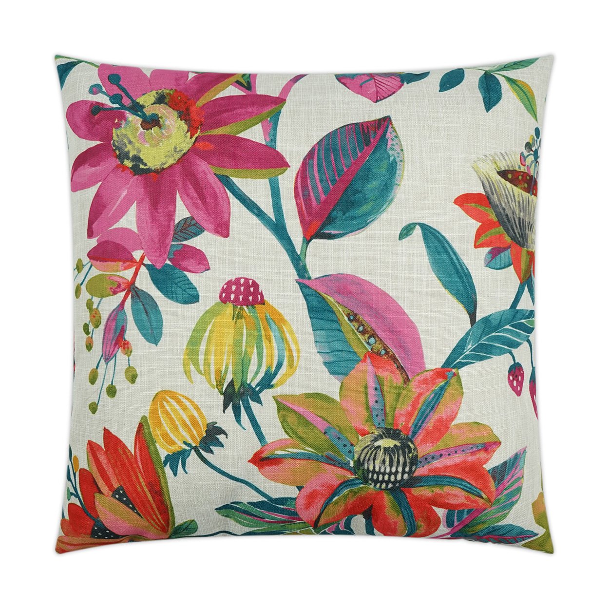 Luxury Lumbar Pillow - 24” x 14” Darsee; - Fuchsia, oranges, teals, yellow and green floral pattern on a cream background