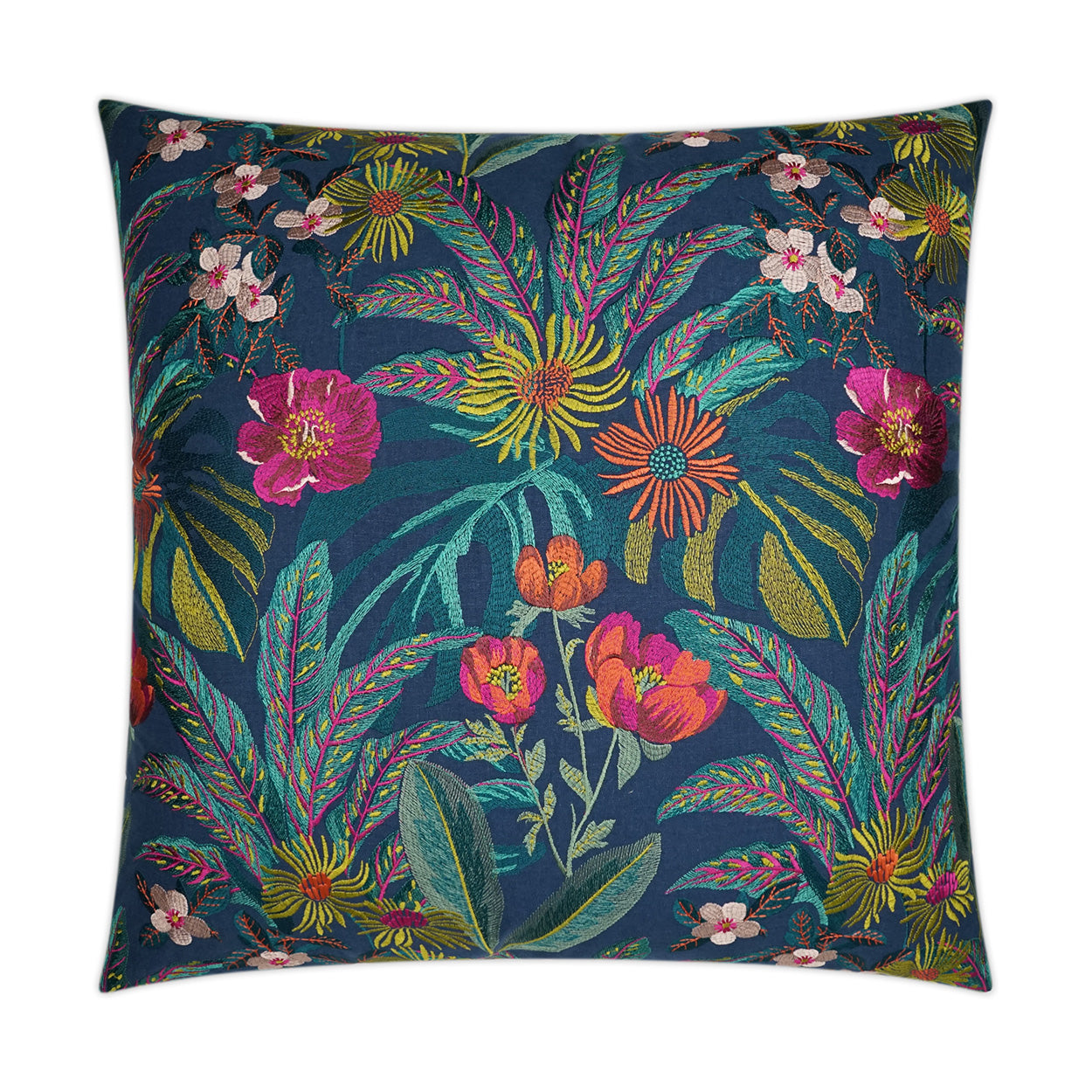 Luxury Pillow -  24" x 24" - Abelia; Heavily embroidered floral motifs in a range of colors on a navy base cloth