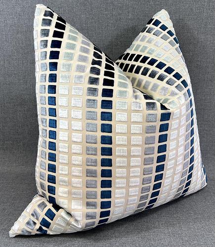 Luxury Pillow - 24" x 24" - Tile Esque Blue Gray And White Squares Over A Cream Background
