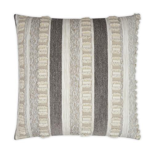 A square outdoor pillow with a striped pattern in beige, brown, and gray tones, featuring textured fibers.