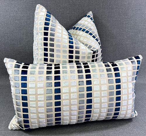 Luxury Pillow - 24" x 24" - Tile Esque Blue Gray And White Squares Over A Cream Background