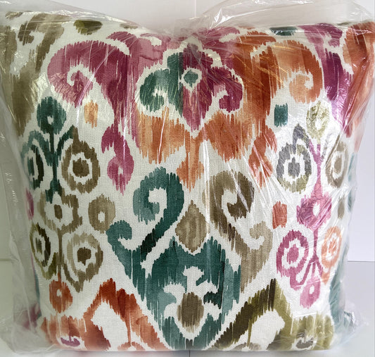 REDUCED TO CLEAR Luxury Pillow -  24" x 24" - Bianca; Bright pattern of pinks, oranges, teal & green over a white background