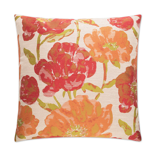 Luxury Pillow -  24" x 24" - Lauren-Poppy; Bright floral woven pattern of oranges, greens and fuchsia over a cream background