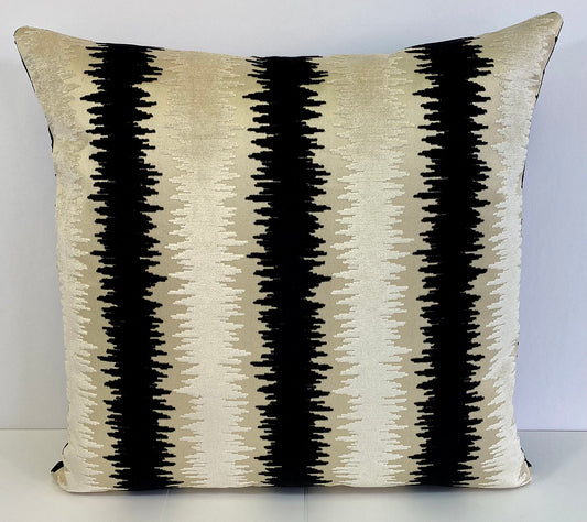 Luxury Pillow - 24" x 24" - Shockwave; Elegant velvet stripes of black and cream over an ivory background with a solid ivory back.