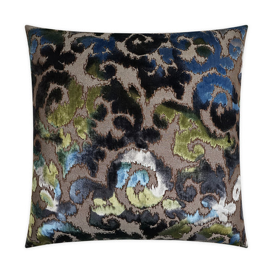 Luxury Pillow -  24" x 24" -  Vicenza; A damask style velvet showing blue, green and silver on taupe ground.