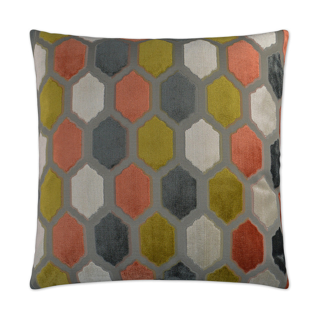 Luxury Pillow -  24" x 24" -  Mallorca-Sorbet; Lozenges of orange, chartreuse, silver and grey on a grey base