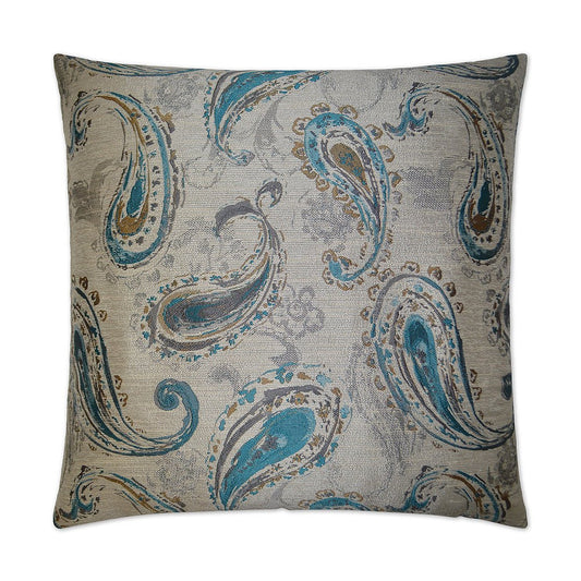 Luxury Pillow -  24" x 24" - Bancroft Turquoise; embroidered design of teal, turquoise, gray & gold on an ivory background on both sides.