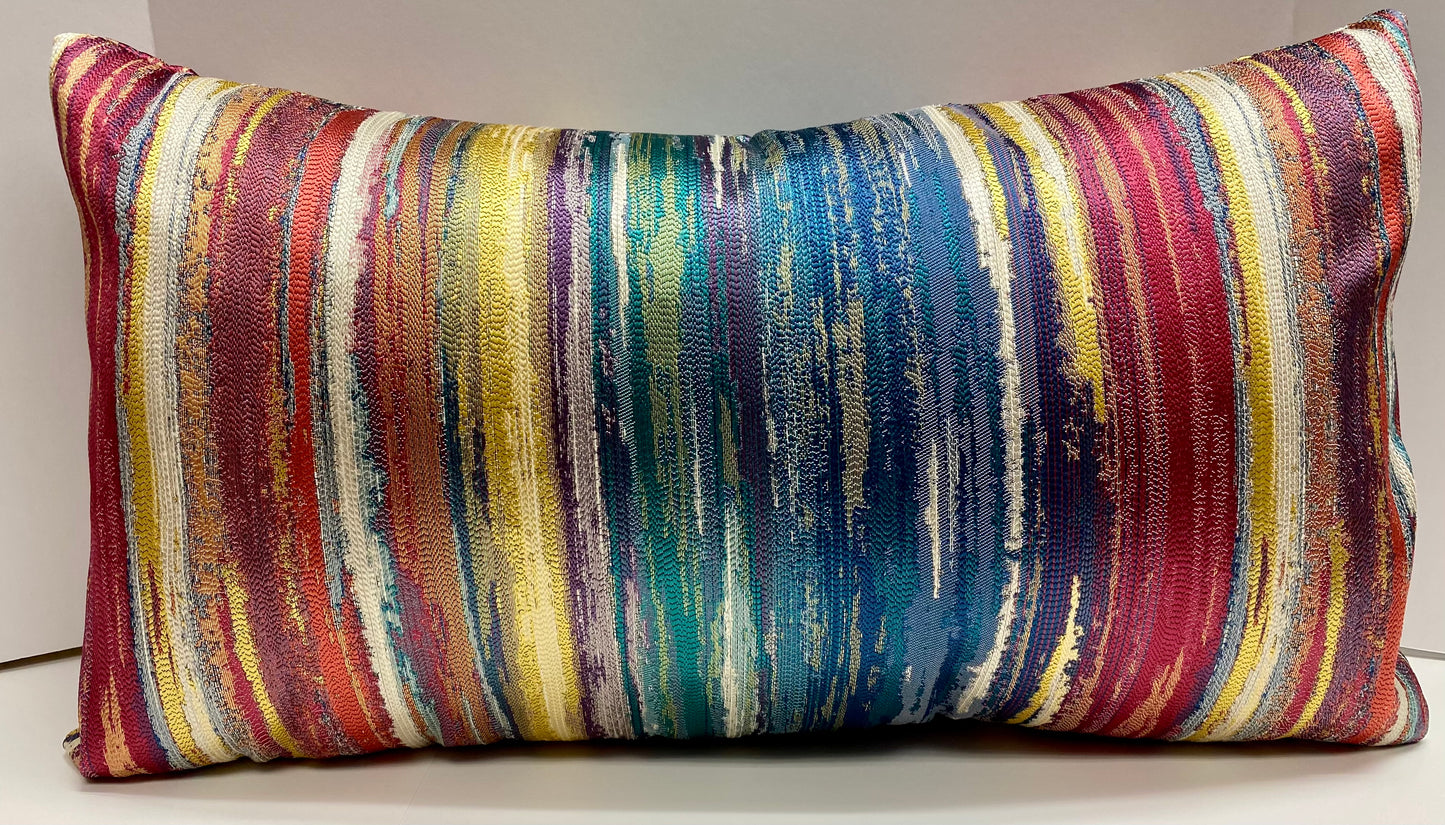 Luxury Lumbar Pillow - 24" x 14" - Roy G Carnival; Embroidered yellow, blue, orange, purple, teal and fuchsia in abstract stripes