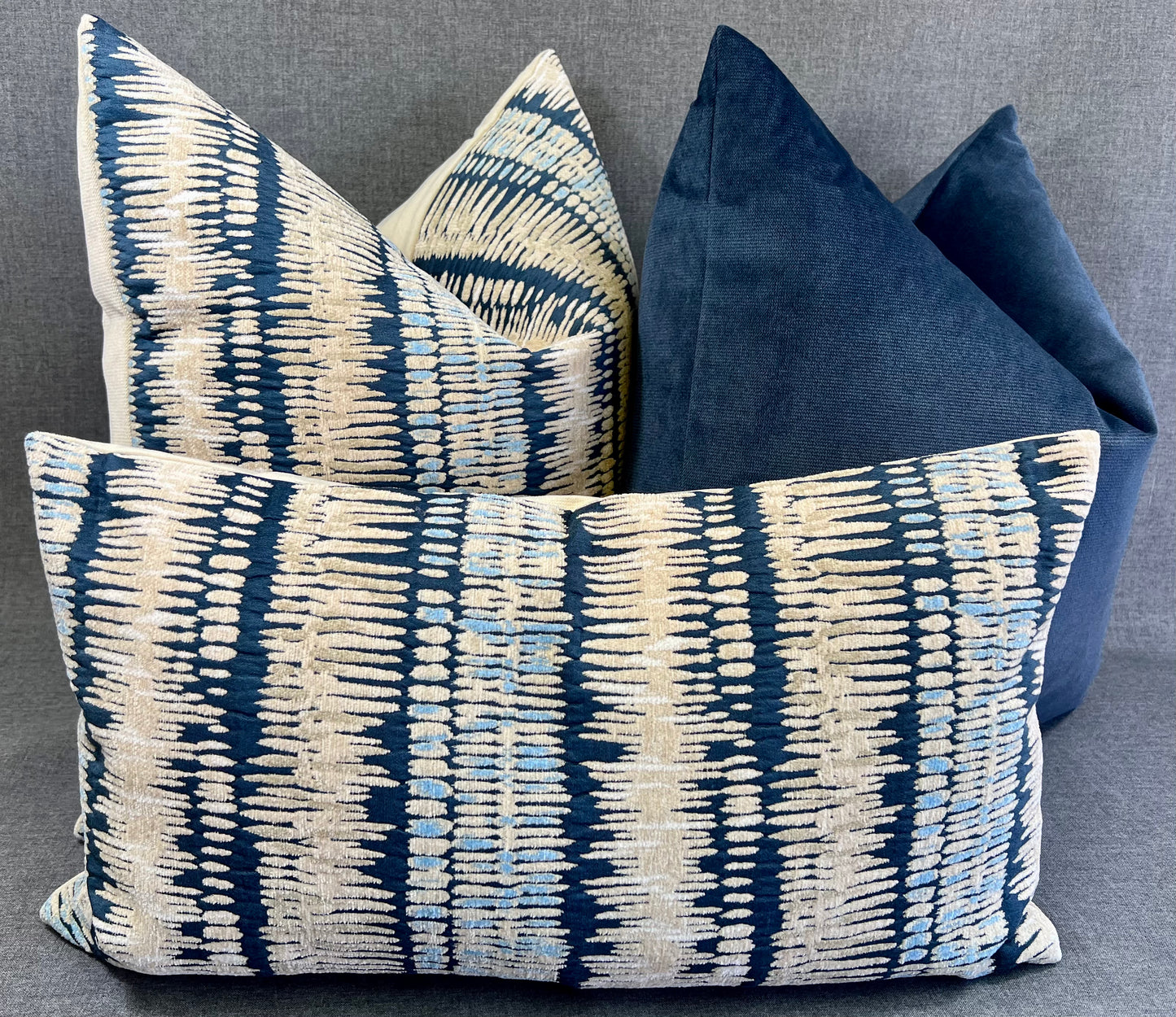 Luxury Lumbar Pillow - 24" x 14" -  Zorro-Indigo; Chenille stripes of Navy, Pale Blue, Cream & white on a tan background