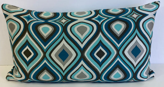 Luxury Lumbar Pillow - 24" x 14" - Doyle; Teals, taupe silvers in an elegant shimmering design