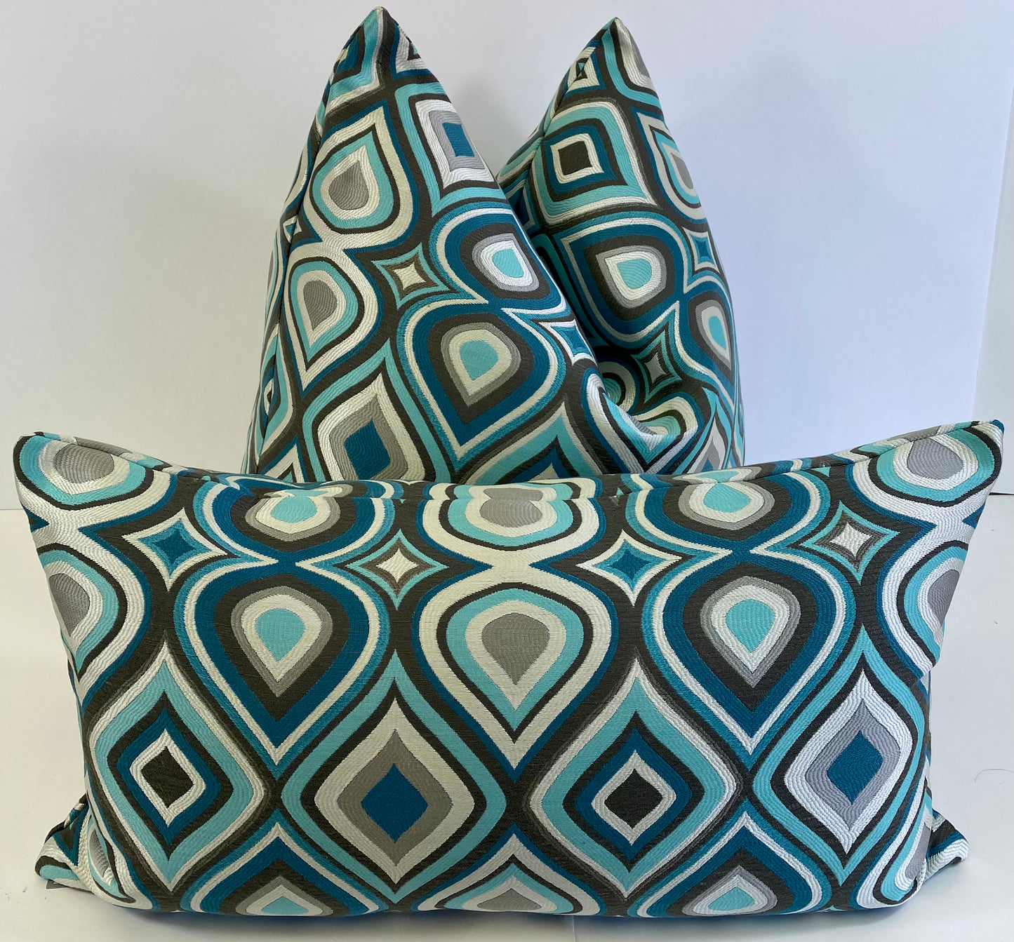 Luxury Lumbar Pillow - 24" x 14" - Doyle; Teals, taupe silvers in an elegant shimmering design