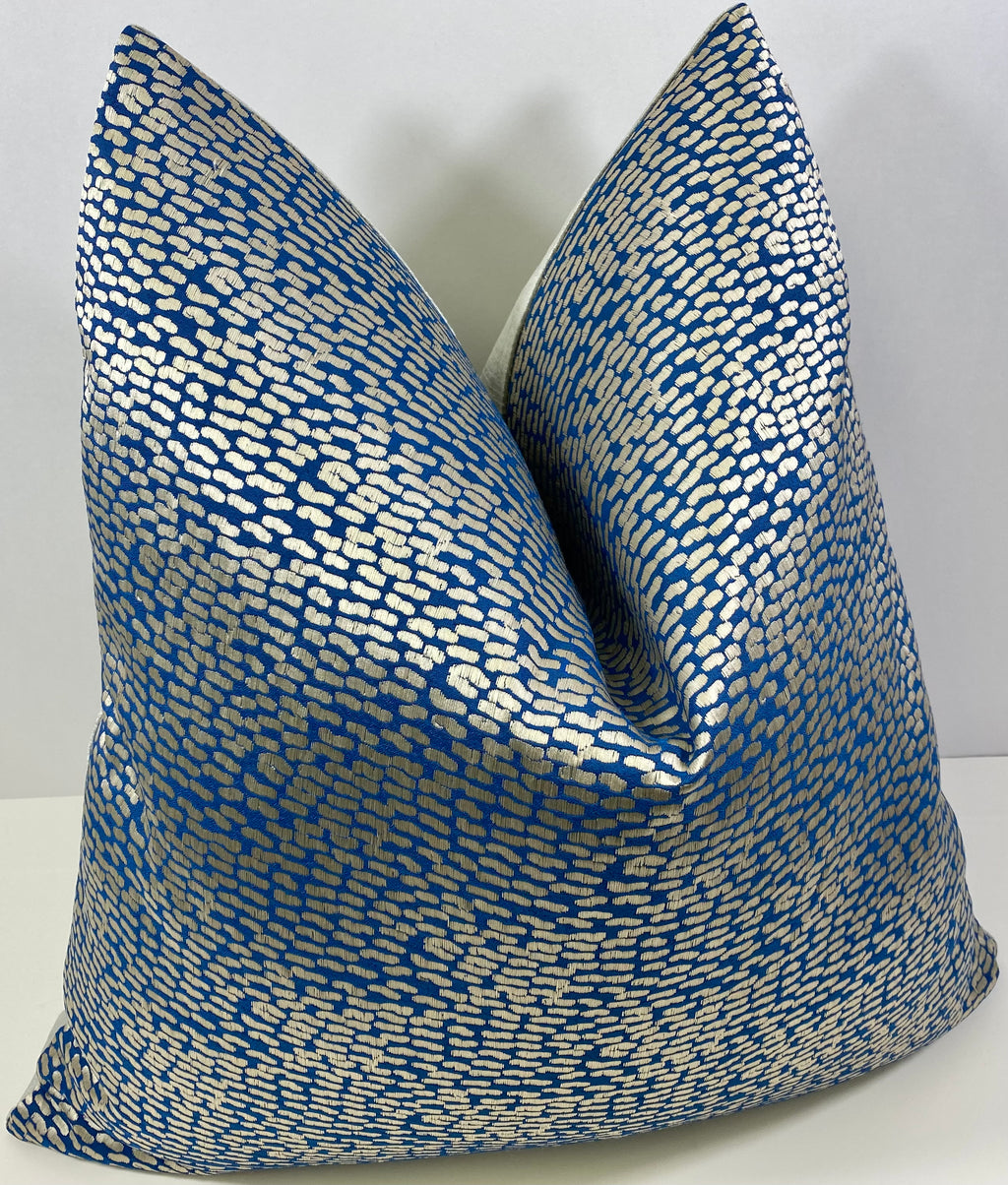 Luxury Pillow - 24" x 24" - Pebble Beach A Shimmer Of Woven Silver On A Cobalt Blue Base