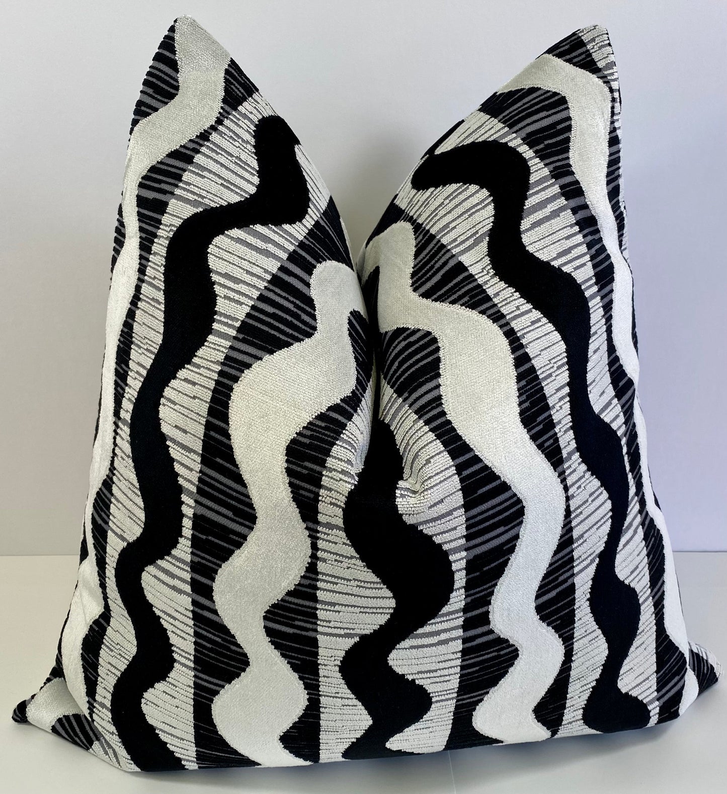 Luxury Lumbar Pillow - 24” x 14” - Sound Waves; Black and white velvet