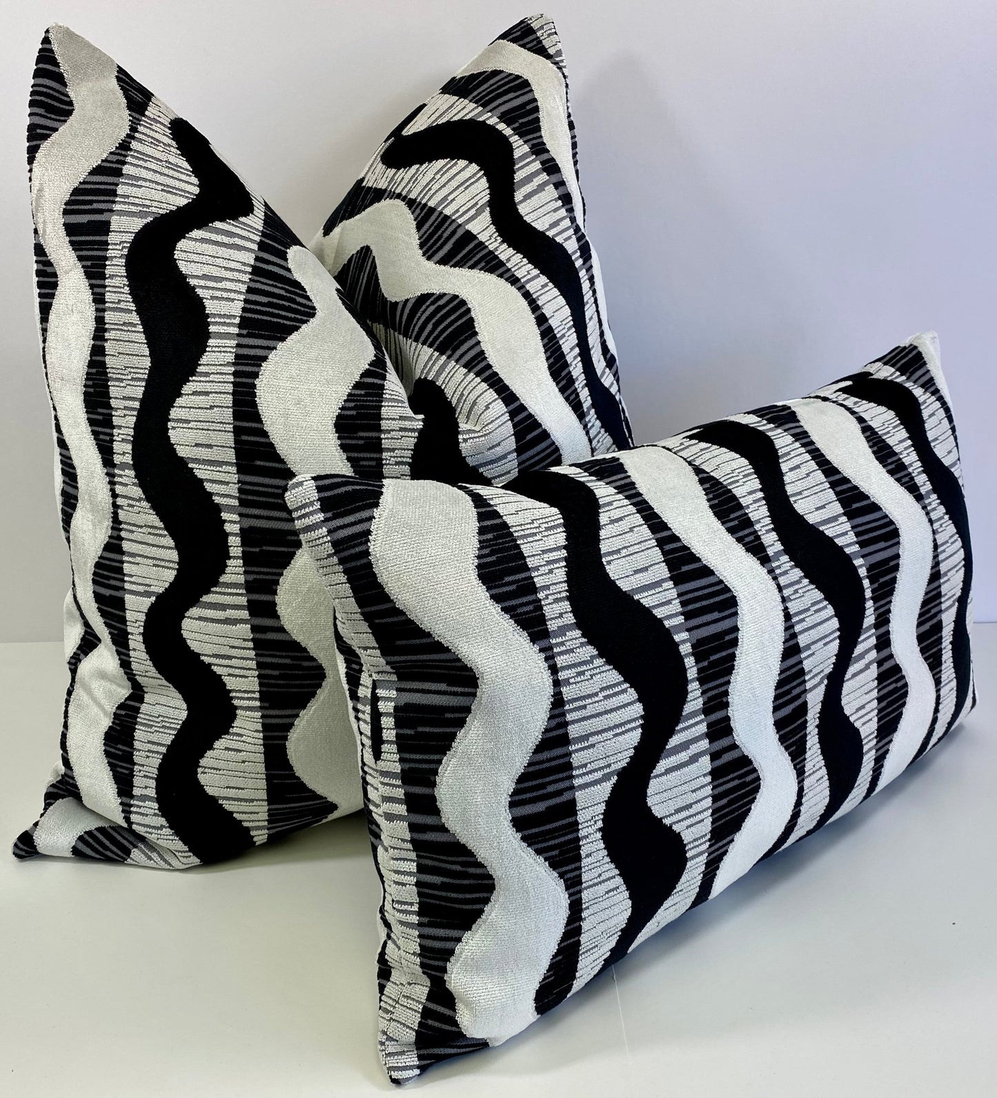 Luxury Lumbar Pillow - 24” x 14” - Sound Waves; Black and white velvet