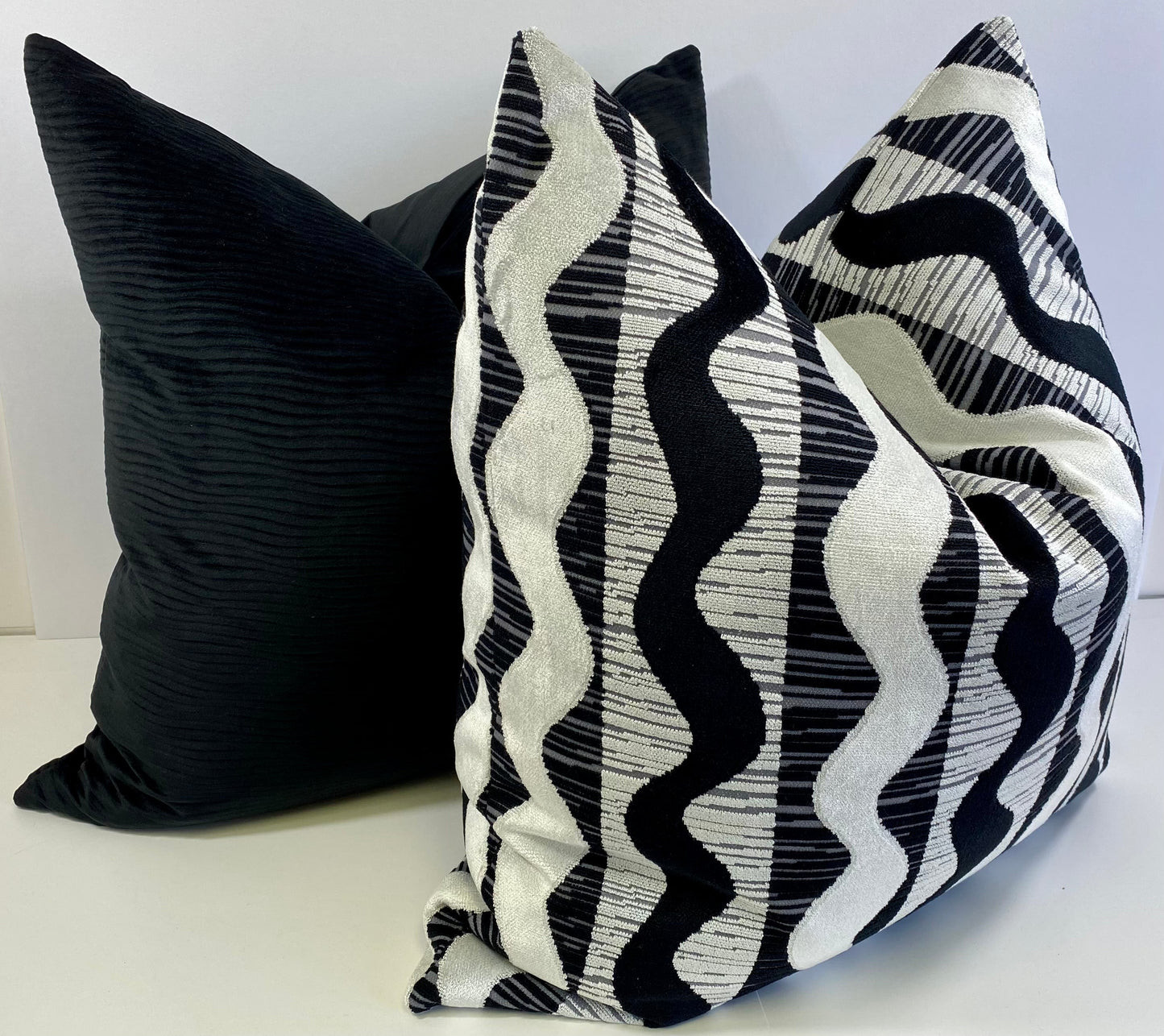 Luxury Lumbar Pillow - 24” x 14” - Sound Waves; Black and white velvet