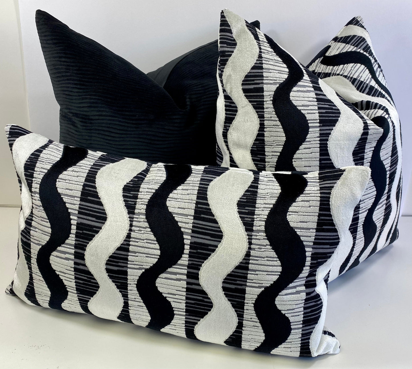 Luxury Lumbar Pillow - 24” x 14” - Sound Waves; Black and white velvet