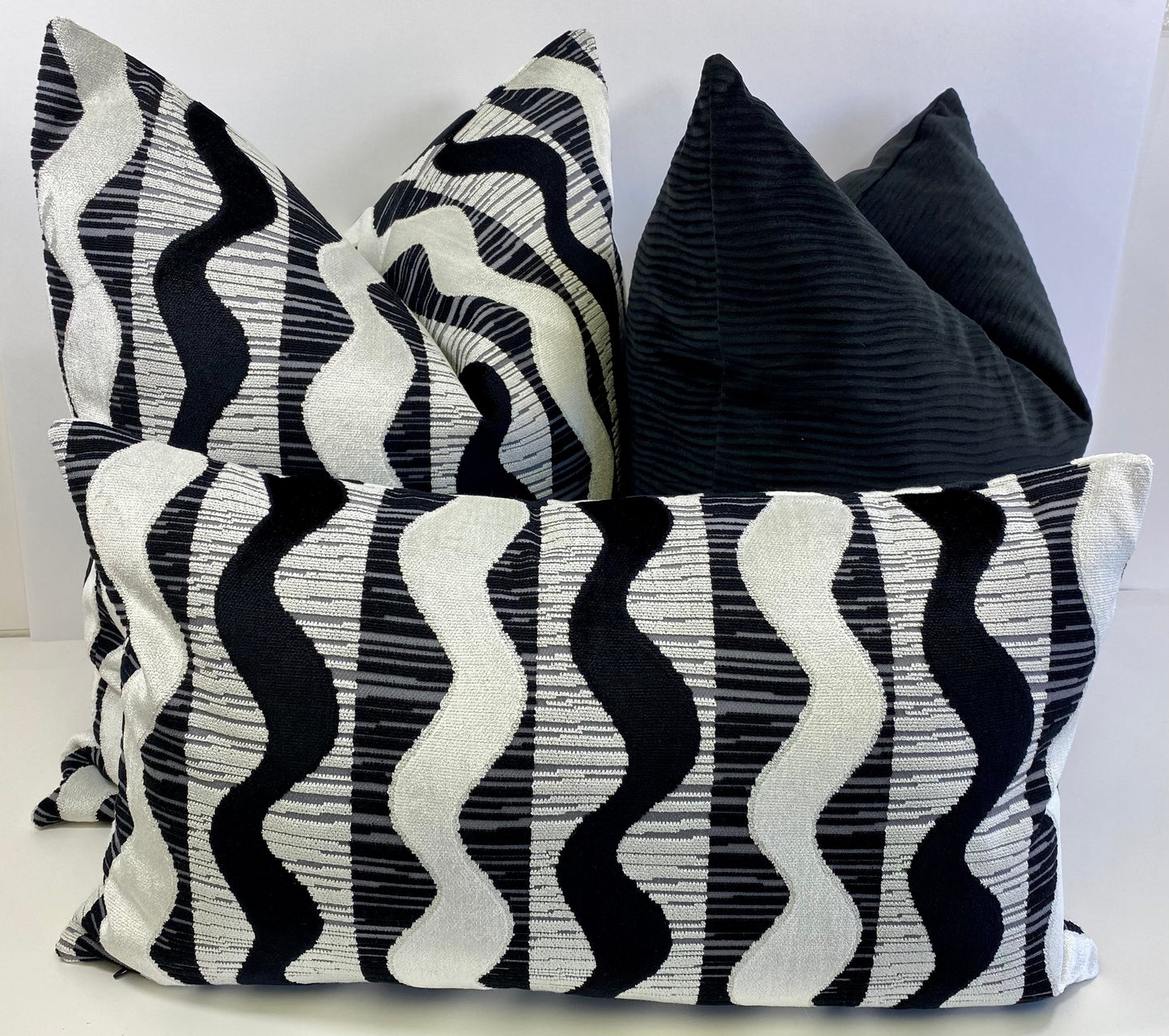 Luxury Lumbar Pillow - 24” x 14” - Sound Waves; Black and white velvet