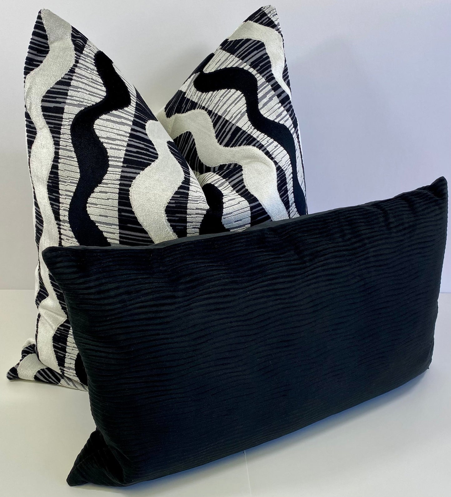 Luxury Lumbar Pillow - 24” x 14” - Sound Waves; Black and white velvet