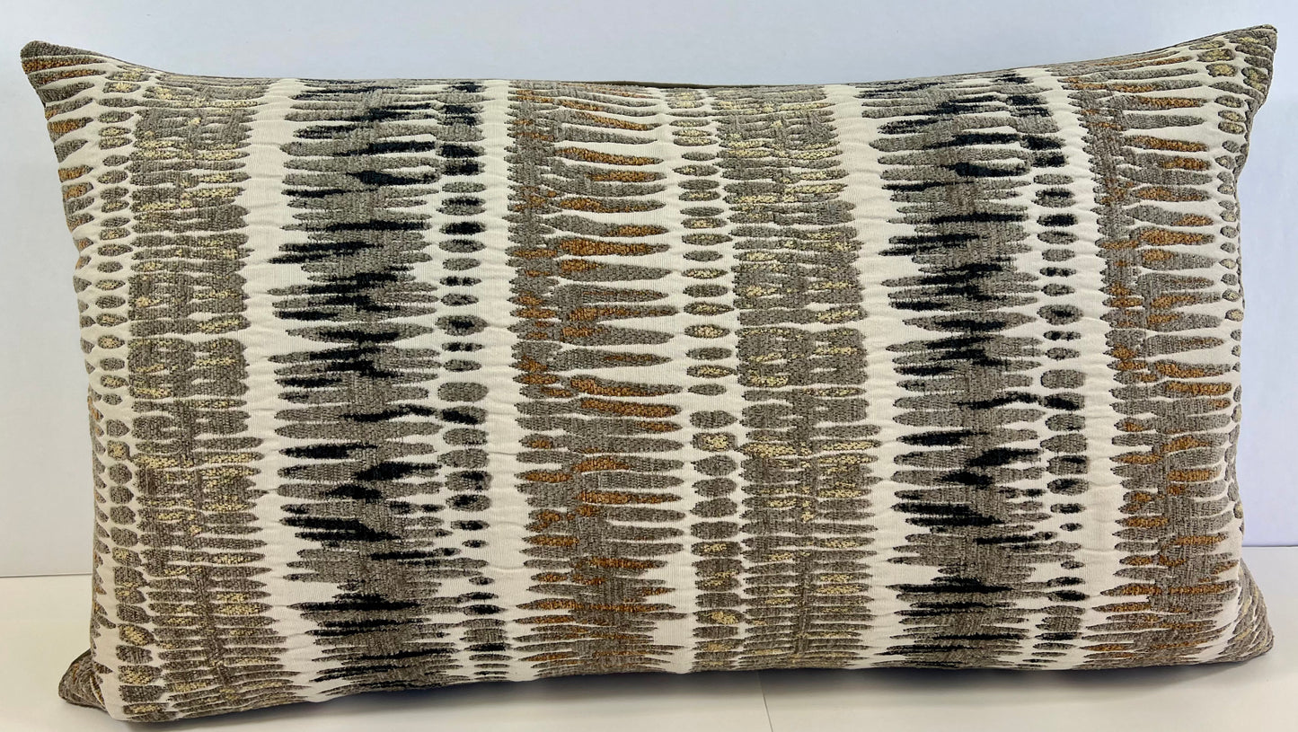 Luxury Lumbar Pillow - 24" x 14" -  Zorro-Mushroom; Chenille stripes of taupe, brown, black & gold on a cream background