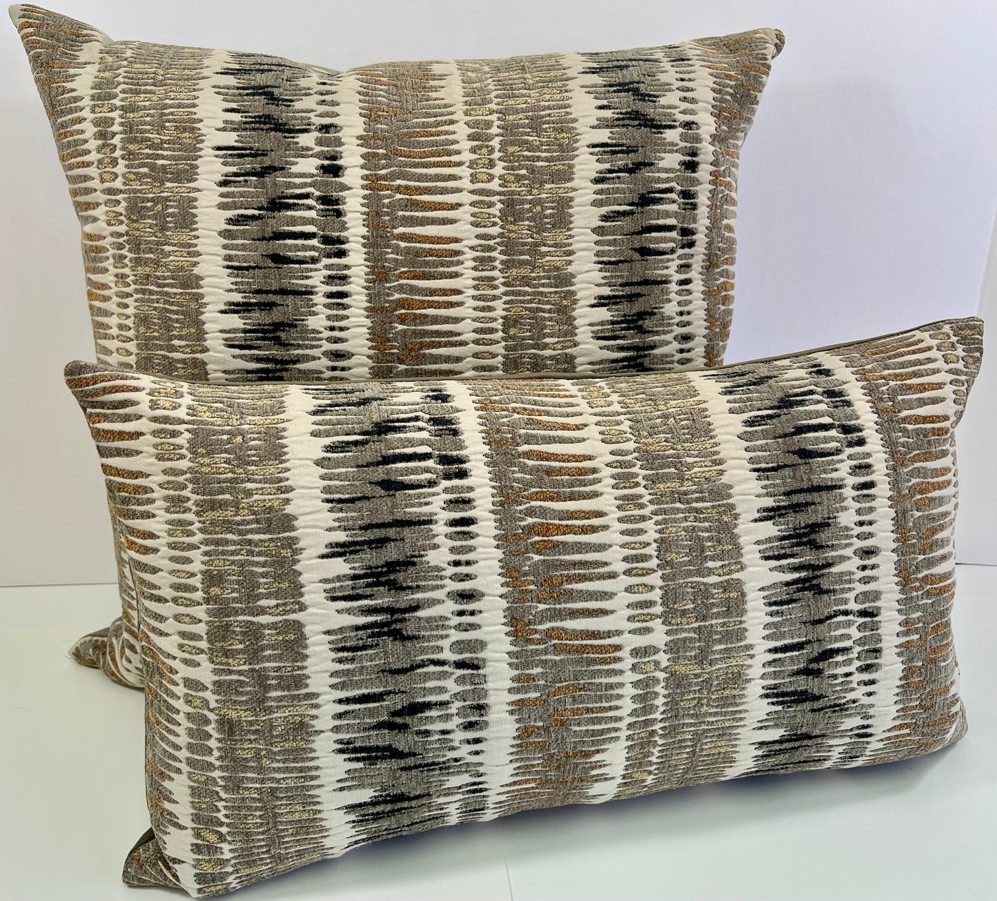 Luxury Lumbar Pillow - 24" x 14" -  Zorro-Mushroom; Chenille stripes of taupe, brown, black & gold on a cream background