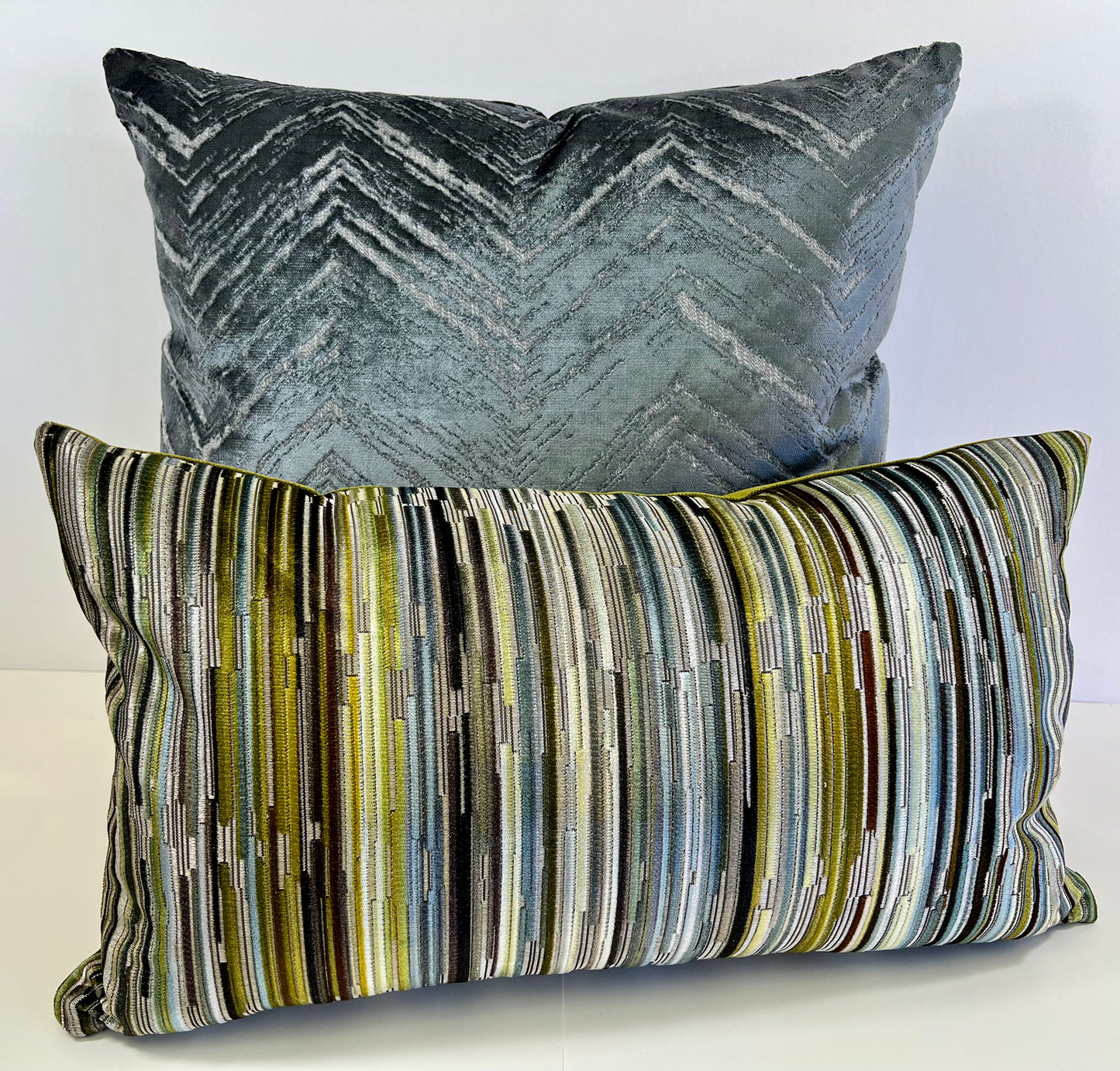 Luxury Pillow -  24" x 24" -  Zermatt-Blue; Chevrons in washed denim blue velvet