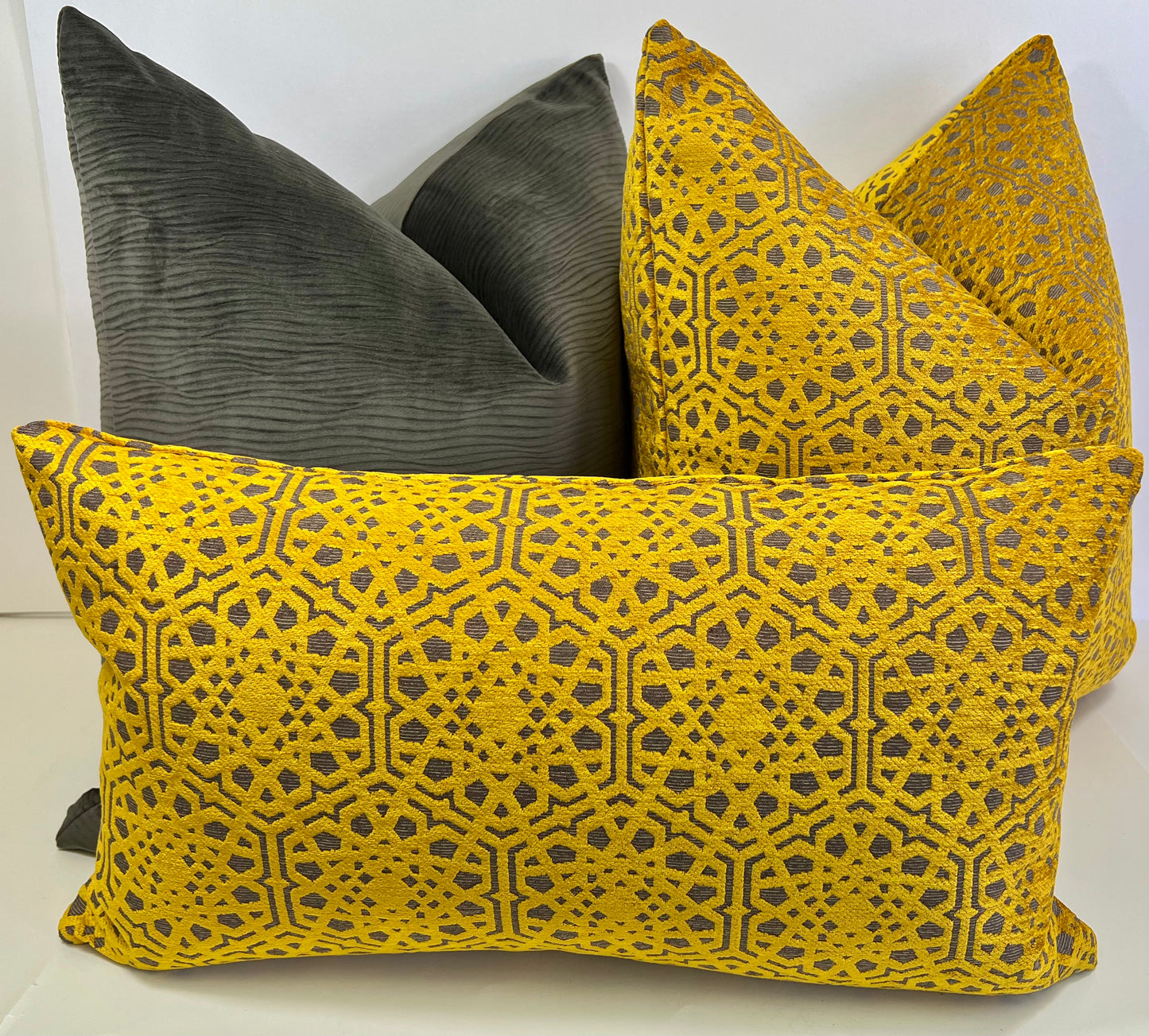 Luxury Lumbar Pillow - 24" x 14" - Lemos Lumbar-Saffron; Lemos Saffron; Elegant relief saffron pattern over a taupe background