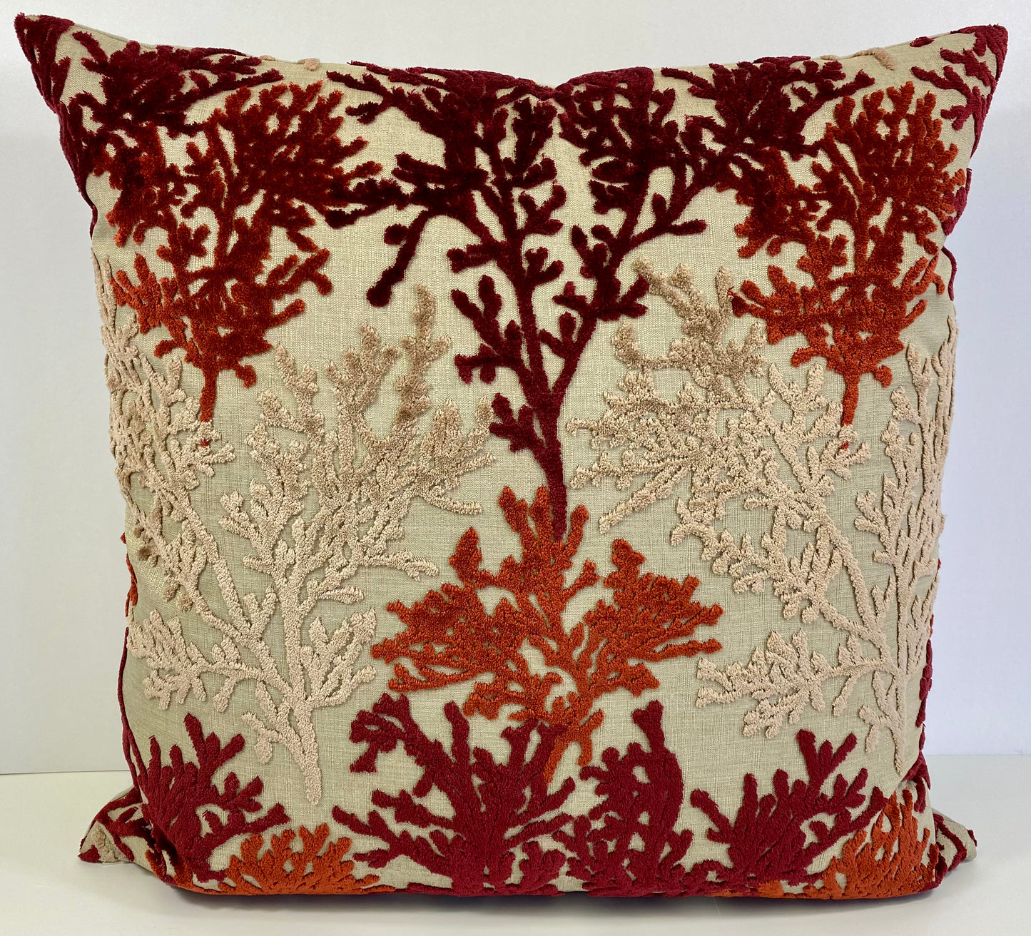 Luxury Pillow -  24" x 24" - Barbados - Sunset; Embroidered coral fans on a sandy colored base