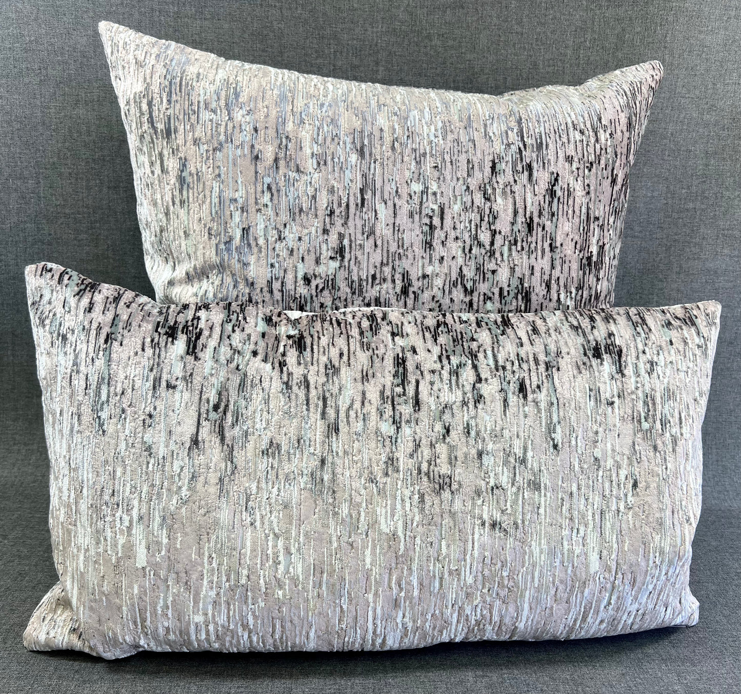 Luxury Lumbar Pillow - 24" x 14" -  Yanbu-Blush; A rain of blush pink and whites run down the pillow front and back.