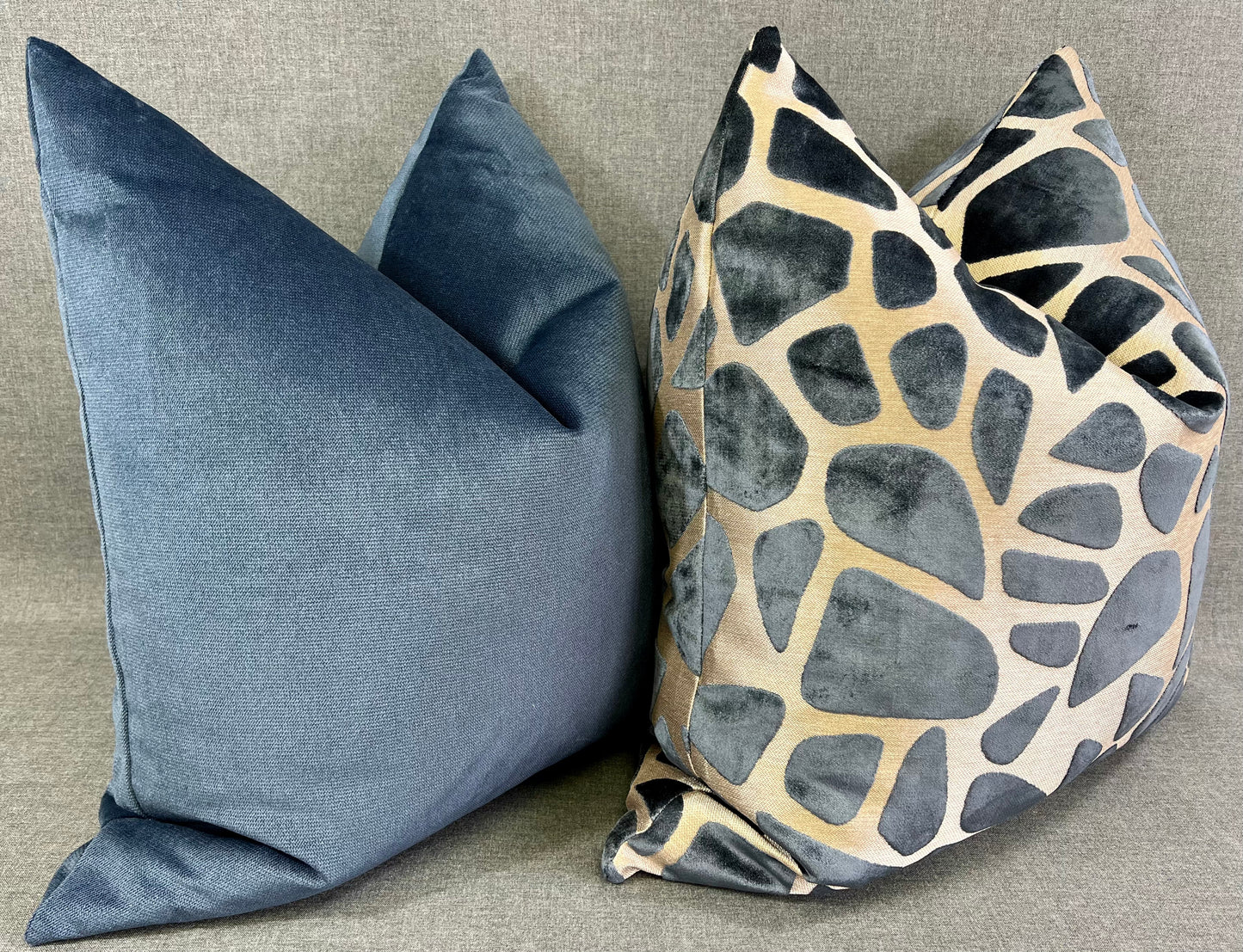 Luxury Pillow -  24" x 24" - Slate Blue;  Blue geometric shapes on a silver base