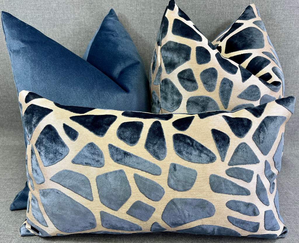 Luxury Lumbar Pillow - 24" x 24" - Slate Blue Blue Geometric Shapes On A Silver Base