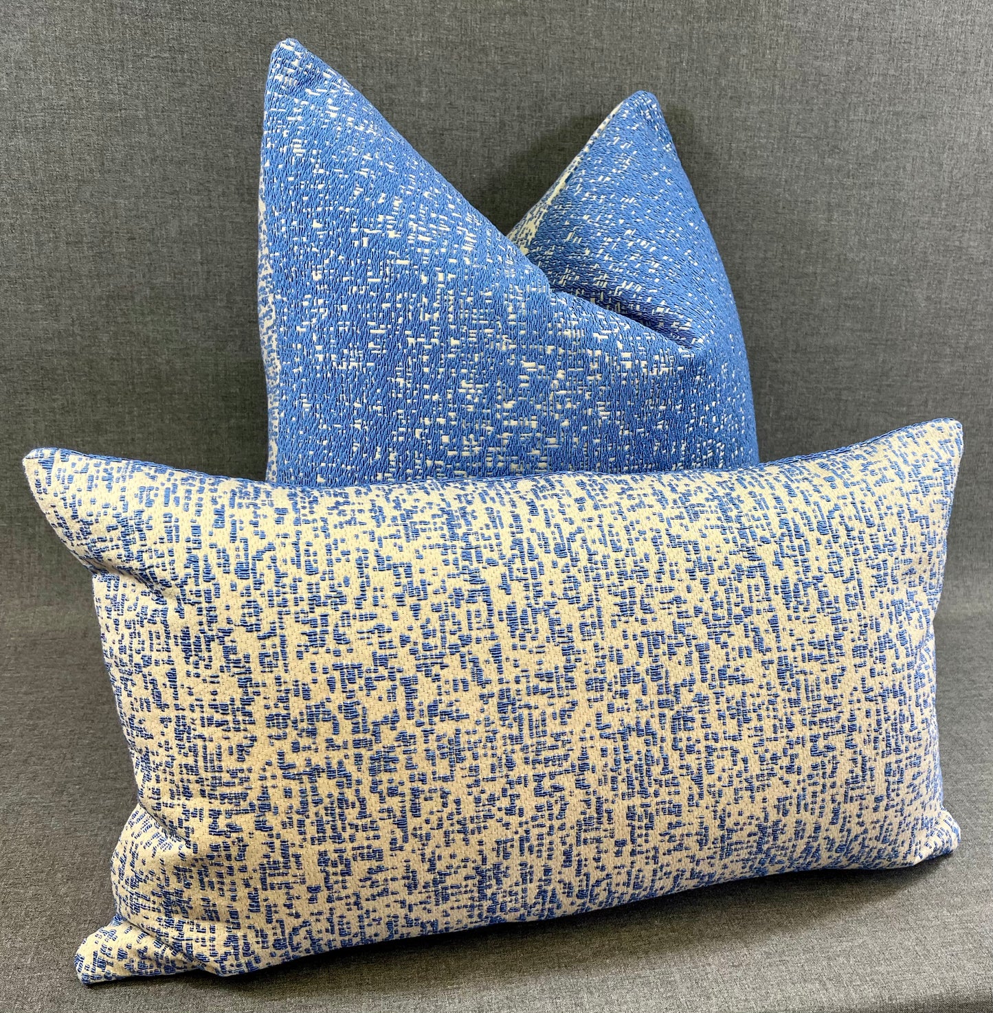 Luxury Pillow - 24" x 14" - Summer Sky Lumbar-Blue; Bright blue textured fabric over a cream background with the back a cream texture over a blue background