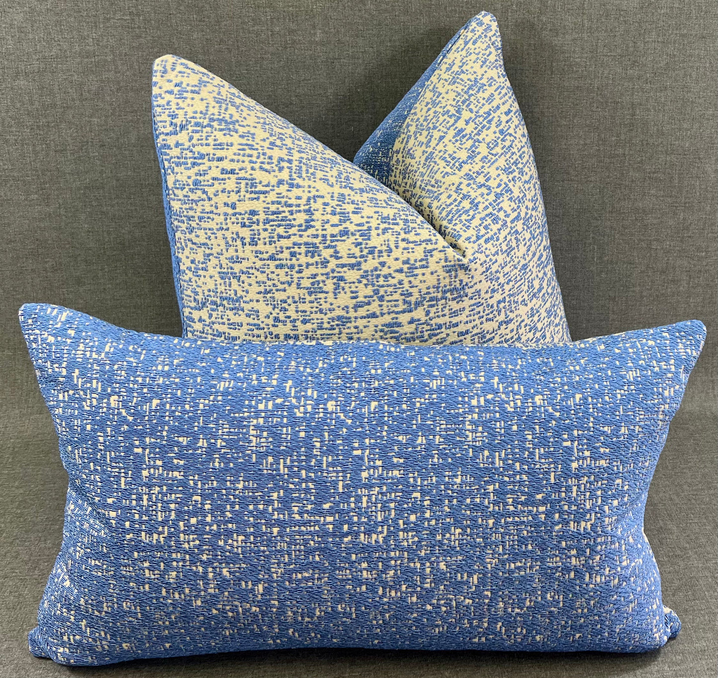 Luxury Pillow - 24" x 14" - Summer Sky Lumbar-Blue; Bright blue textured fabric over a cream background with the back a cream texture over a blue background