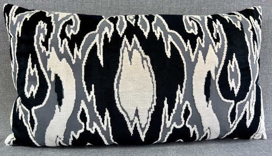 Luxury Pillow - 24" x 14" - Maldives-Domino; Textural cut velvet pattern of black, gray and cream