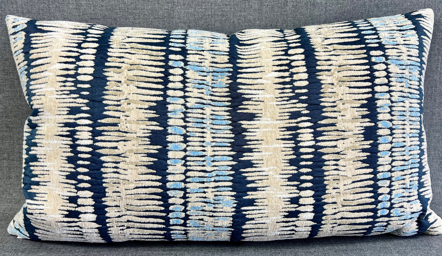 Luxury Lumbar Pillow - 24" x 14" -  Zorro-Indigo; Chenille stripes of Navy, Pale Blue, Cream & white on a tan background