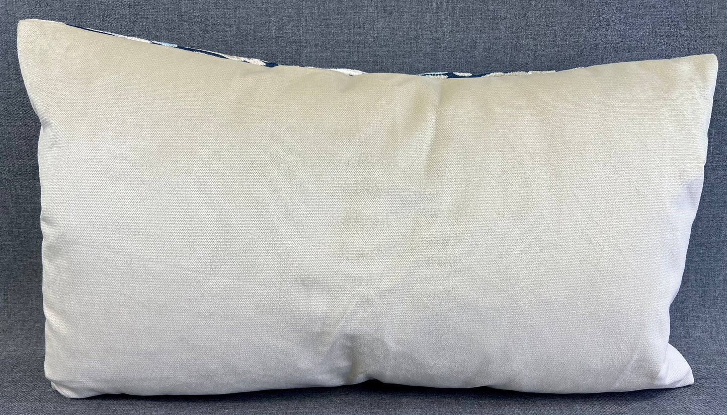 Luxury Lumbar Pillow - 24" x 14" -  Zorro-Indigo; Chenille stripes of Navy, Pale Blue, Cream & white on a tan background