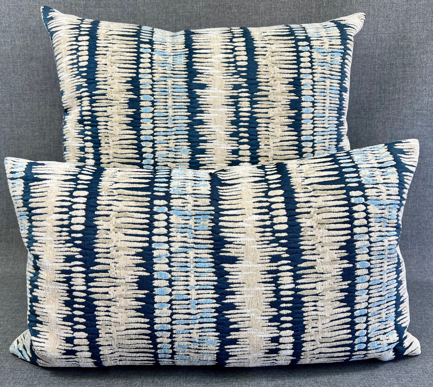 Luxury Lumbar Pillow - 24" x 14" -  Zorro-Indigo; Chenille stripes of Navy, Pale Blue, Cream & white on a tan background