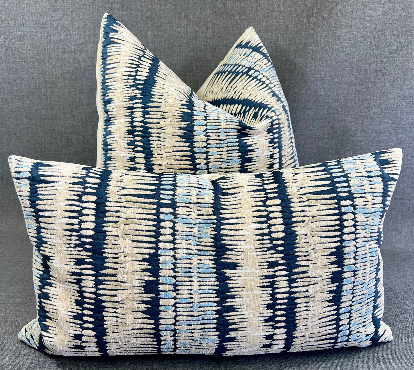 Luxury Lumbar Pillow - 24" x 14" -  Zorro-Indigo; Chenille stripes of Navy, Pale Blue, Cream & white on a tan background