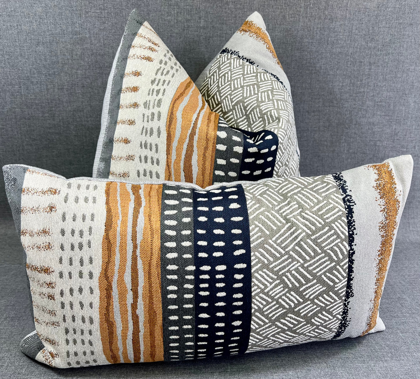 Luxury Lumbar Pillow - 24" x 14" - Tracks;  Woven ethnic / tribal detail on a grey base