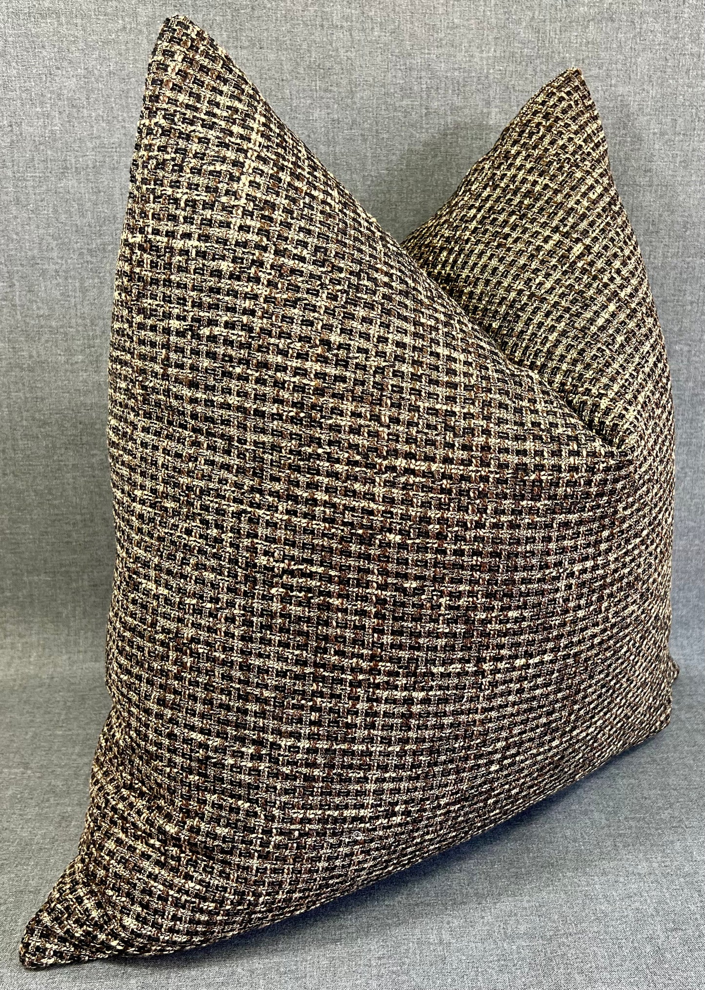 Luxury Pillow -  24" x 24" -  Uptown Evening; Black, Gold and Brown on tweed textured fabric