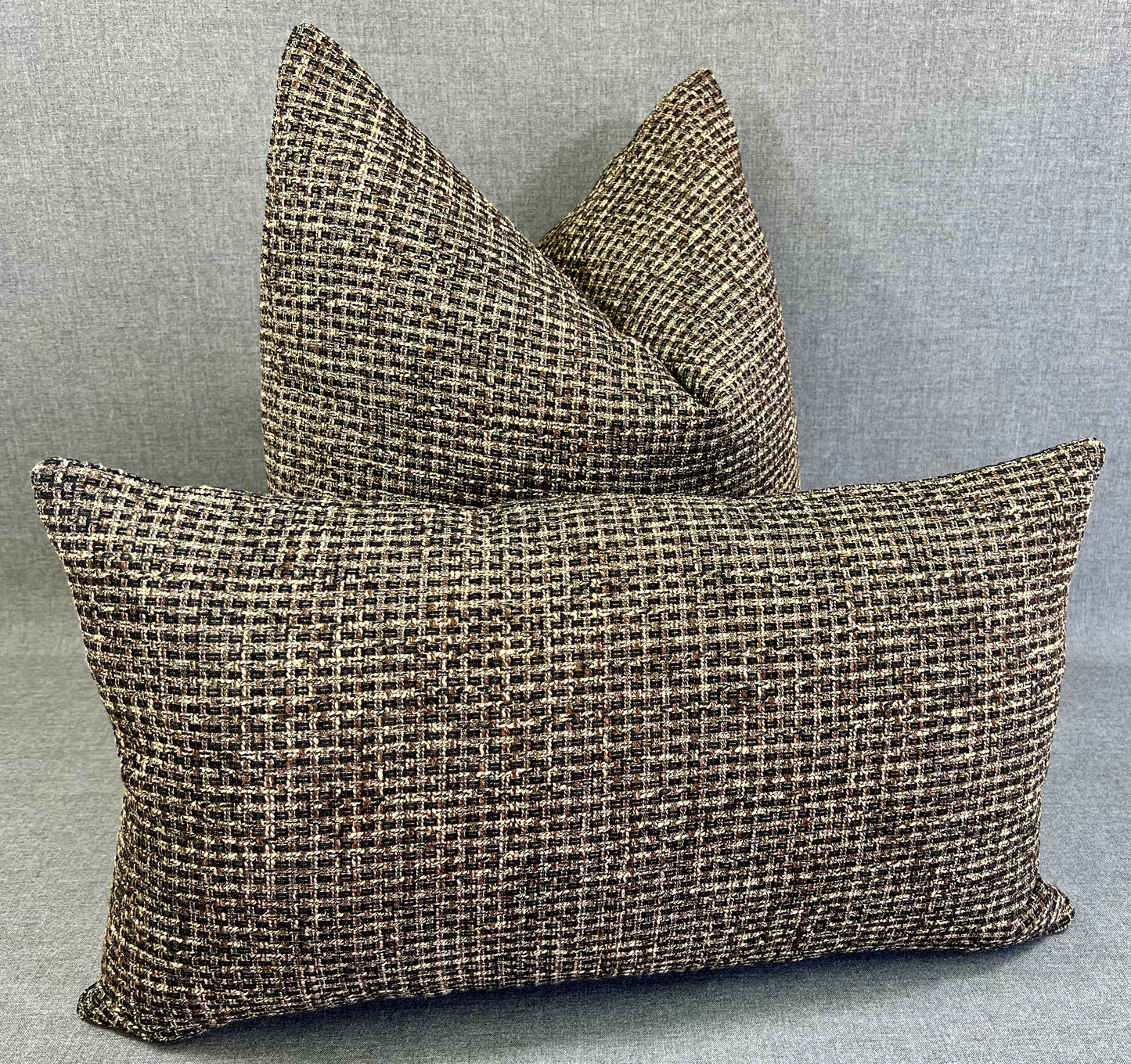 Luxury Pillow -  24" x 24" -  Uptown Evening; Black, Gold and Brown on tweed textured fabric