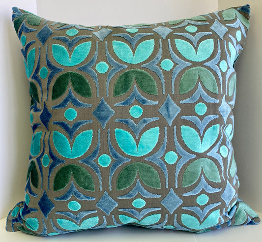 Luxury Pillow- 24" x 24" - Fritillary - Silas; A bright pattern of teals and turquoise over a taupe background