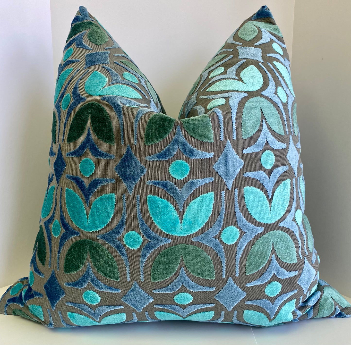 Luxury Pillow- 24" x 24" - Fritillary - Silas; A bright pattern of teals and turquoise over a taupe background