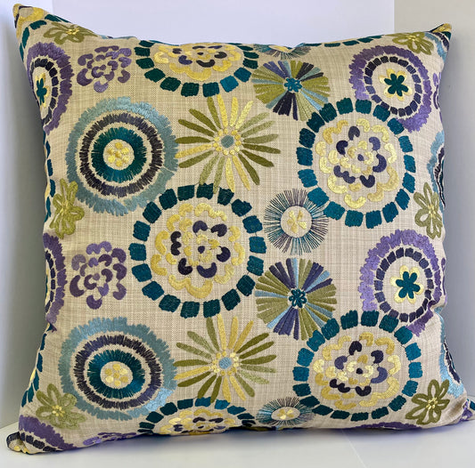 Luxury Pillow 24” x 24” - Spring Flowers; beautifully embroidered flowers of teal, purple, lavender and yellow with a solid teal back