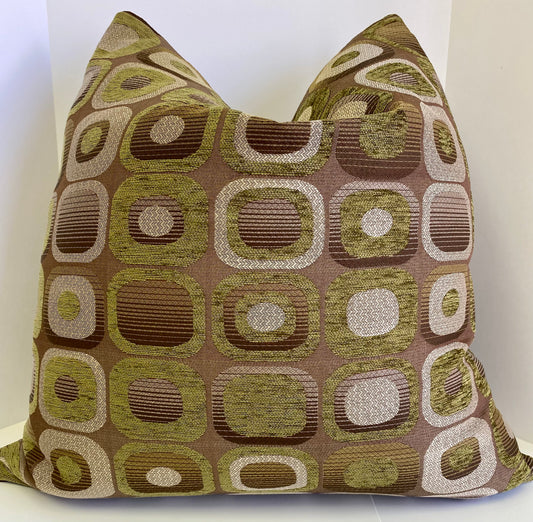 Luxury Pillow - 24" x 24" - Mid-Century Groove; Pattern of greens, Browns, tans and cream