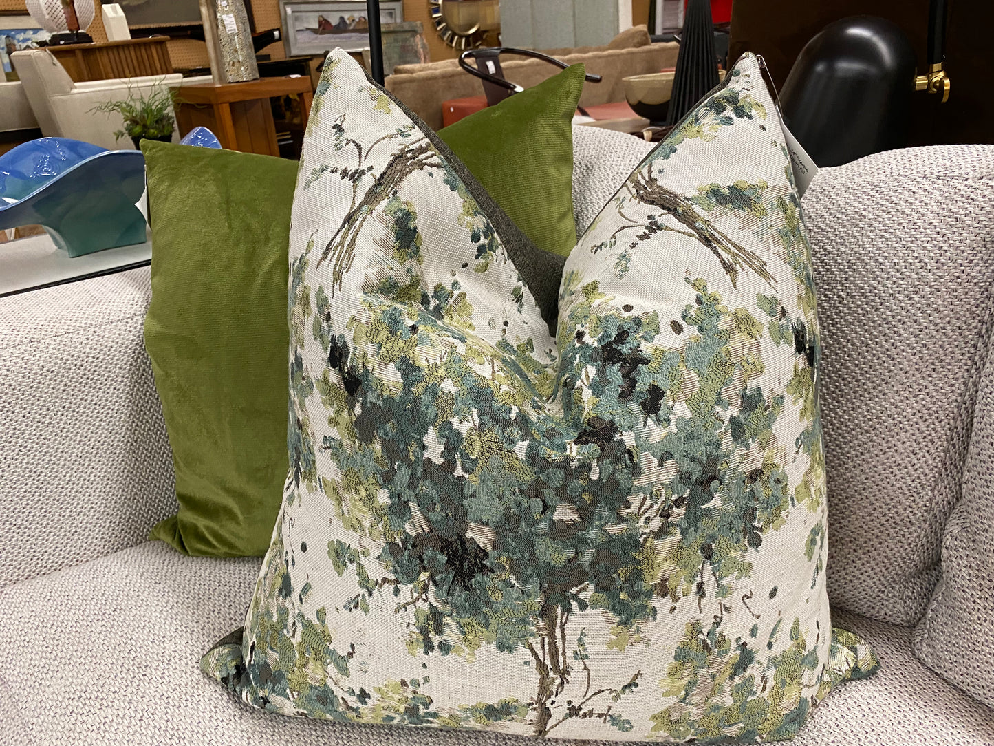 Luxury Pillow - 24" x 24" - Brevard Spruce; Several shades of green & some brown over a cream background in a botanical pattern