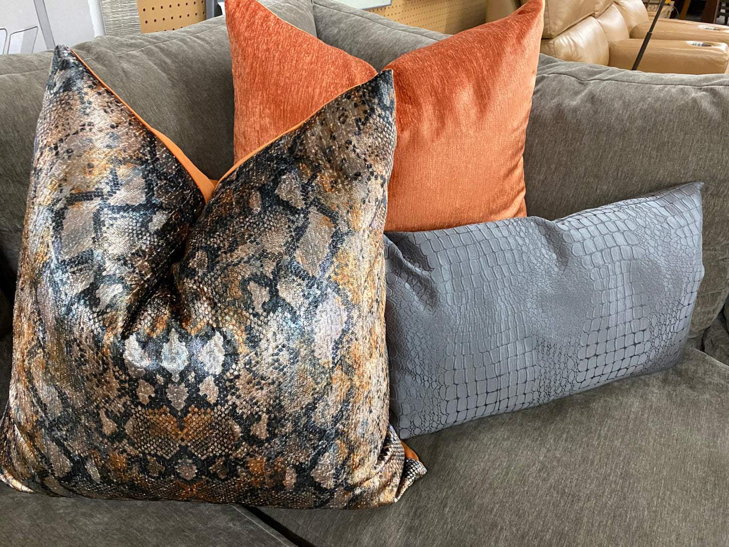 Luxury Pillow -  24" x 24" - Boa; Reptile look pattern of grays, silver, black, orange and coppers