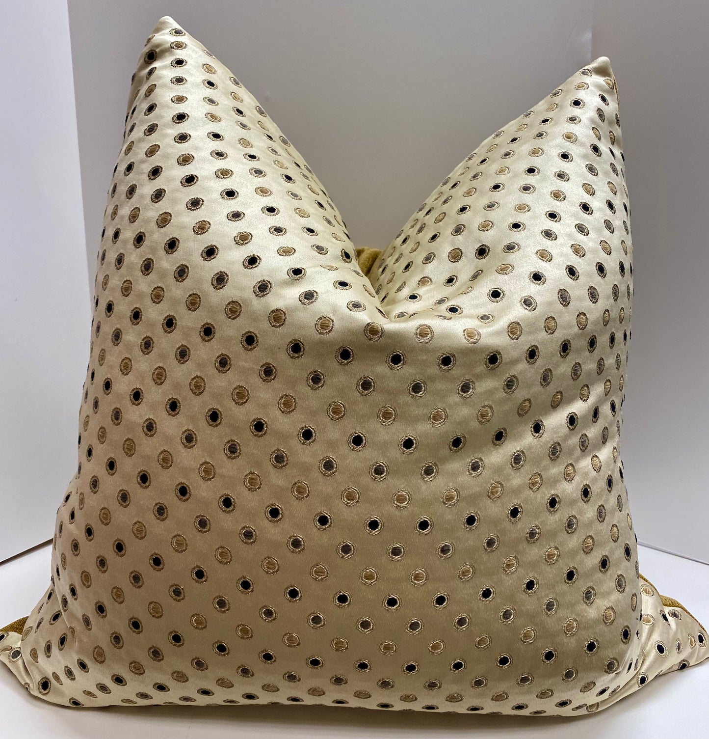 Luxury Pillow -  24" x 24" - Desert Jewel; Embroidered dots of black and gold over a shiny cream background